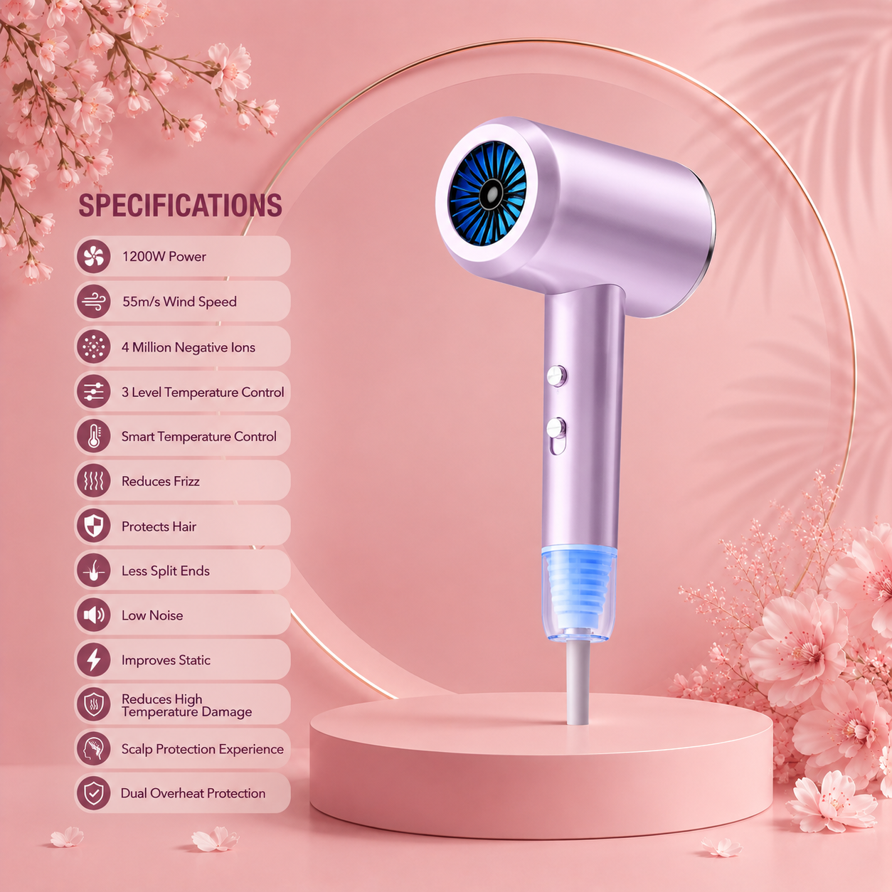 Negative Ion Hair Dryer — Quick Dry, Quiet, 5-Speed, Overheat Protection