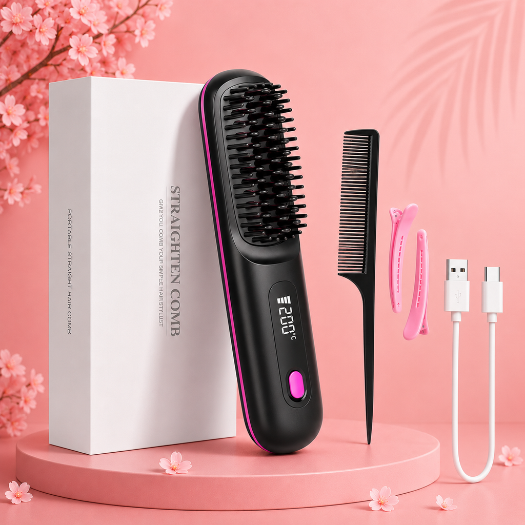 Lumivco Cordless Hair Straightener Brush – Ionic Ceramic Straightening Comb with LED Display