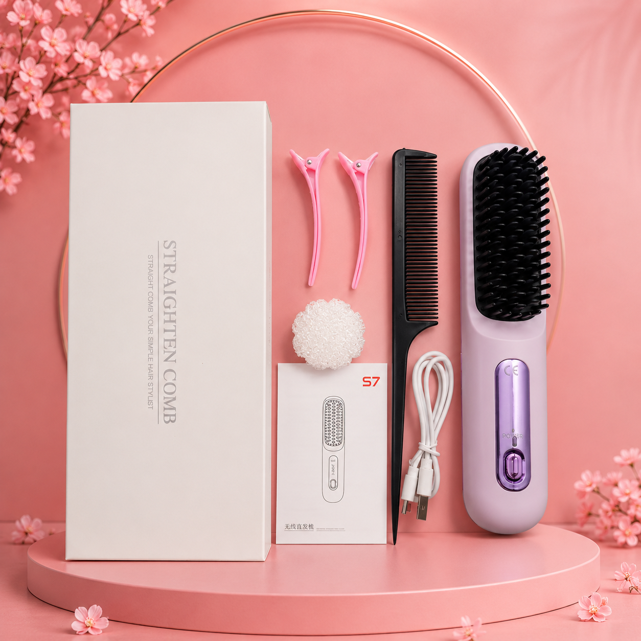 Lumivco Cordless Hair Straightener Brush – Ionic Ceramic Straightening Comb with LED Display