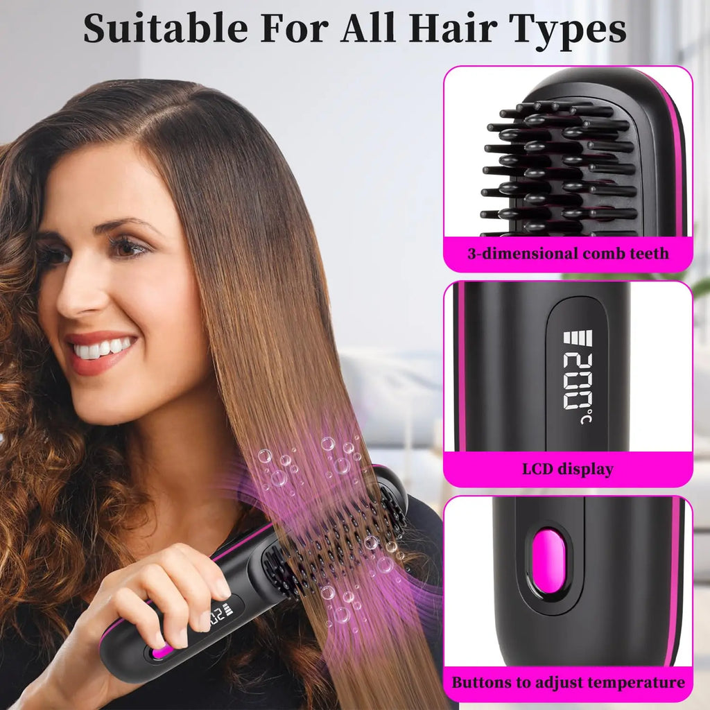 Lumivco Cordless Hair Straightener Brush – Ionic Ceramic Straightening Comb with LED Display