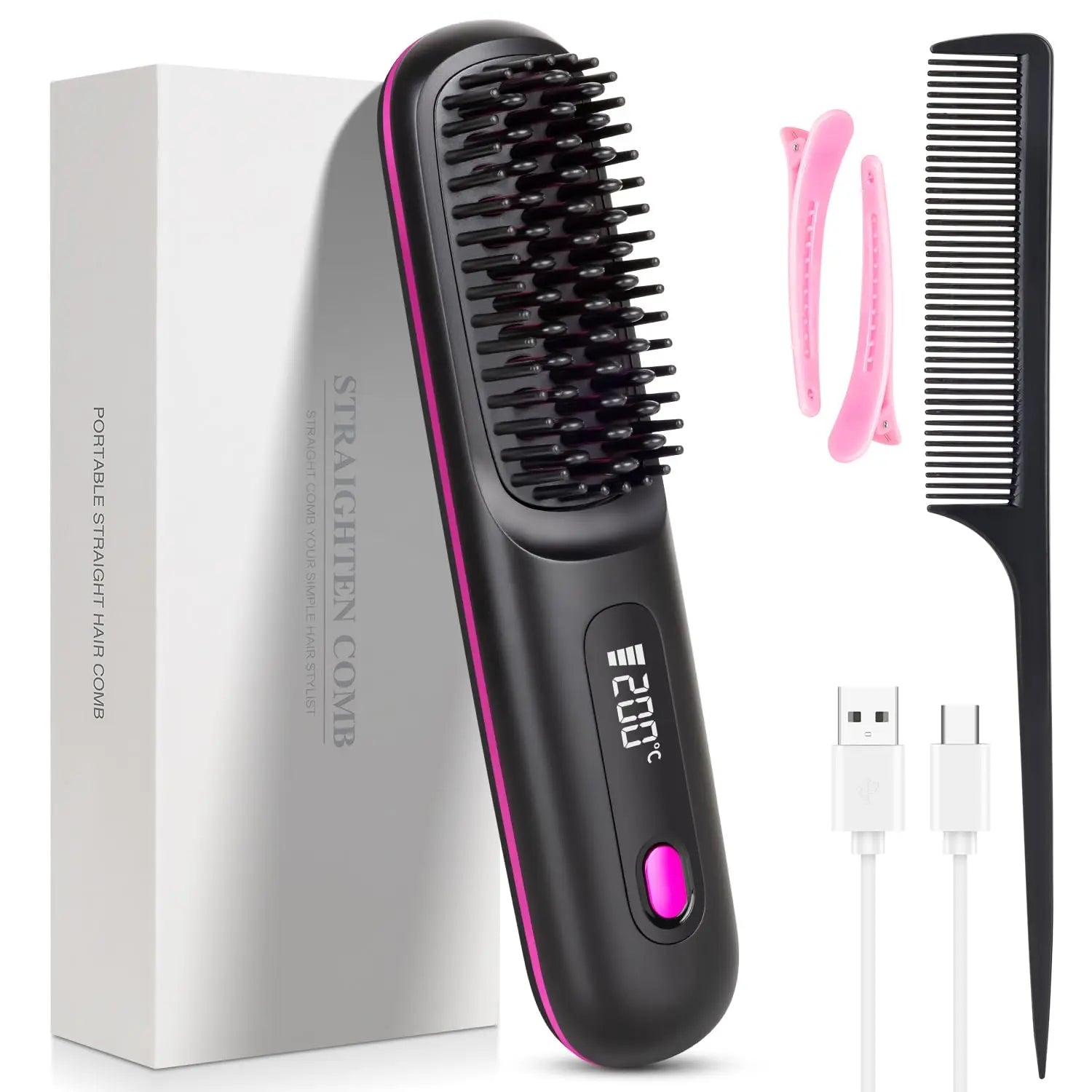 Lumivco Cordless Hair Straightener Brush – Ionic Ceramic Straightening Comb with LED Display