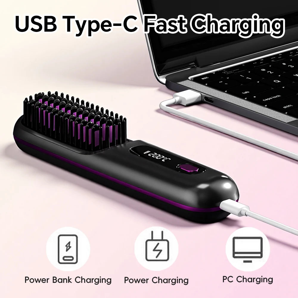 Lumivco Ionic Hair Straightener Brush – 3 Heat Settings, Fast Heat & Auto-Off, USB-C Rechargeable